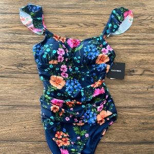 Ellen Tracy one piece swimsuit, navy, hot pink floral sz 10 NWT Tropical Ruched